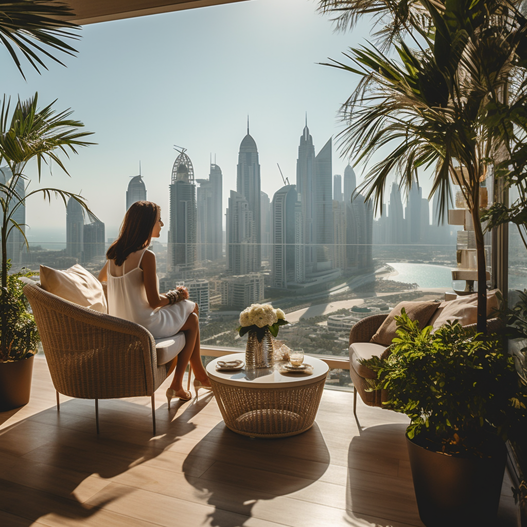 Couple enjoying Dubai terrace with stunning view