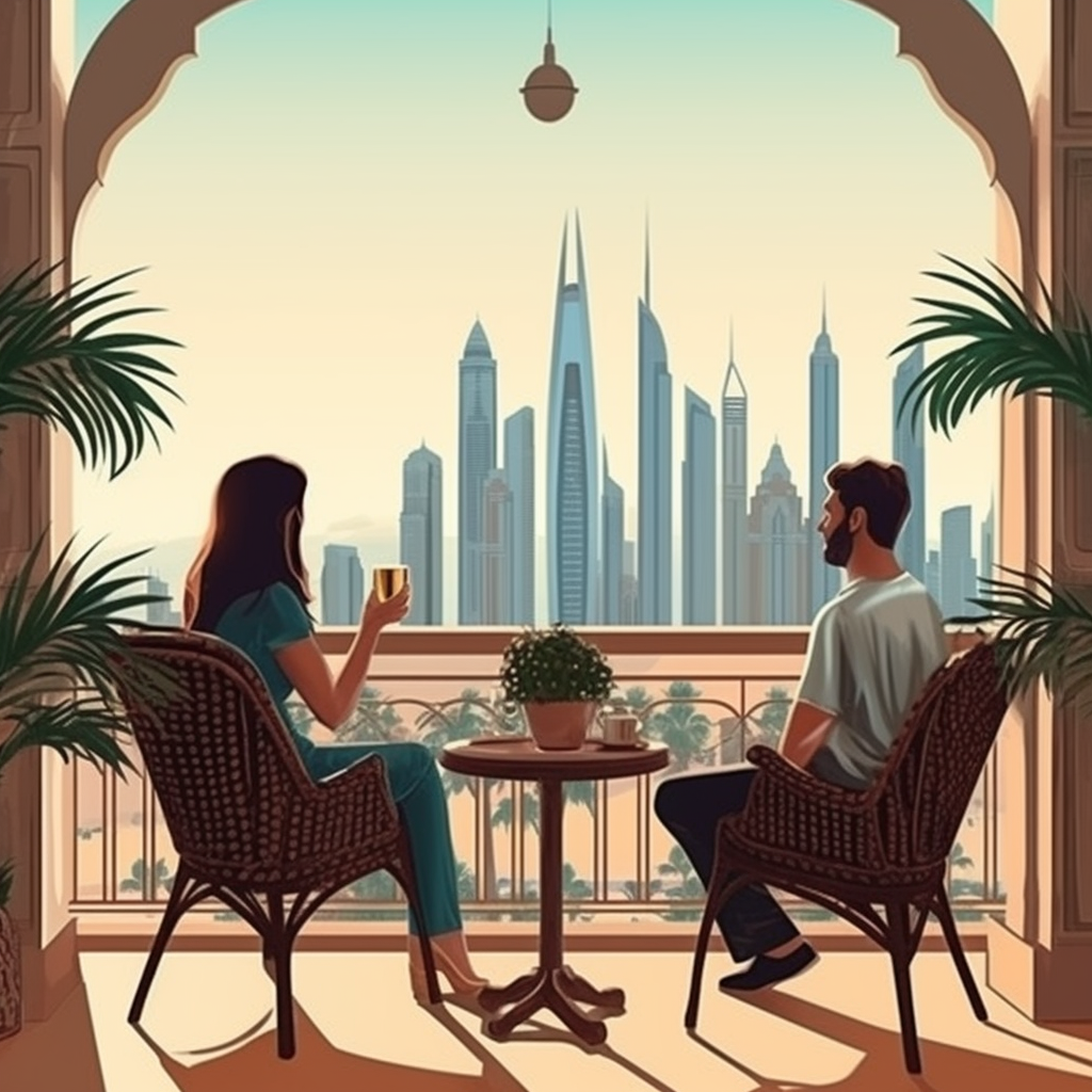 Couple enjoying terrace view in Dubai