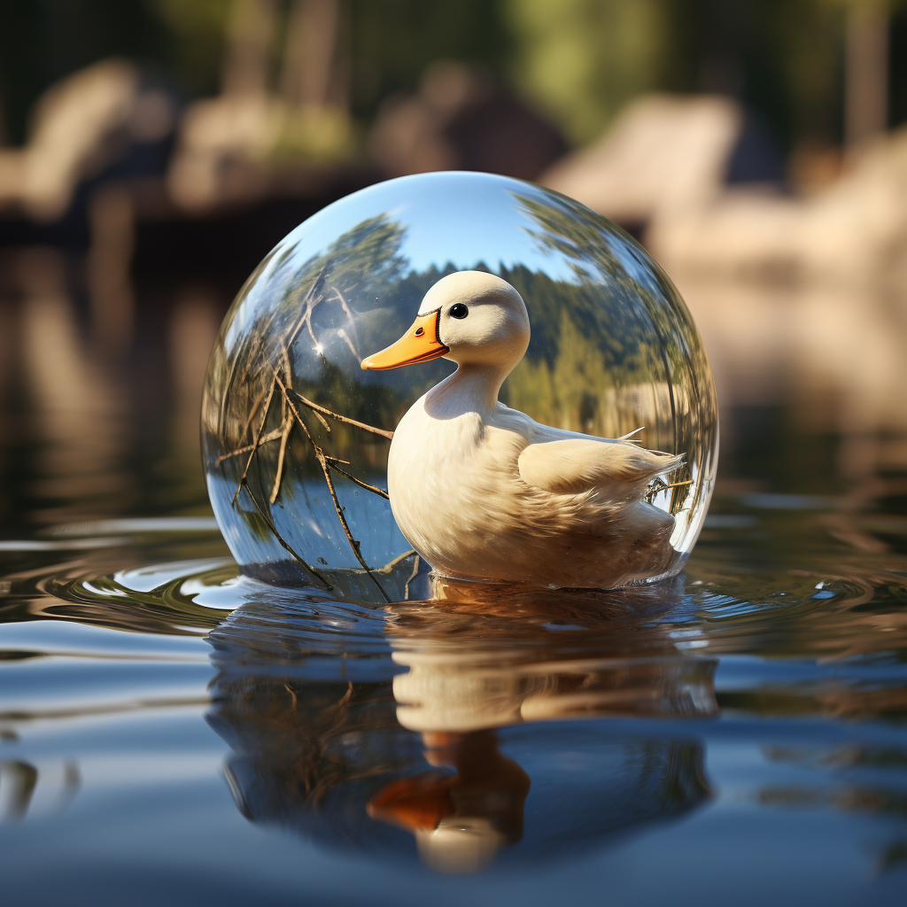 Cute duck playing with sphere