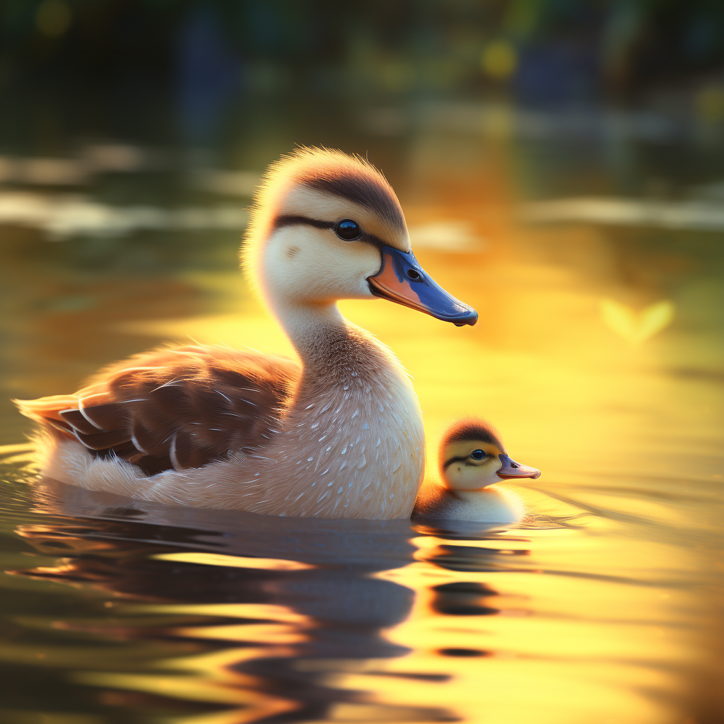 Beautiful Duck Mom and Duckling Swimming