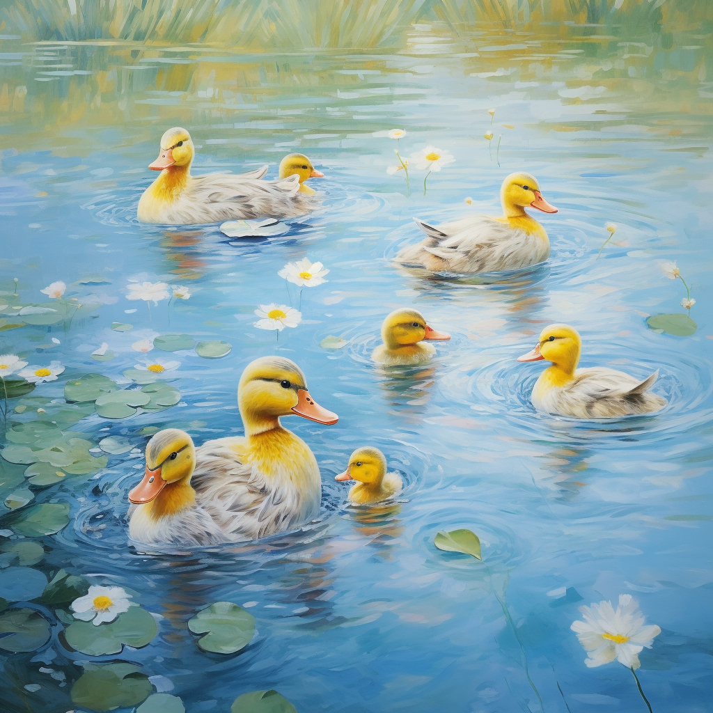 Cute ducks and ducklings in water