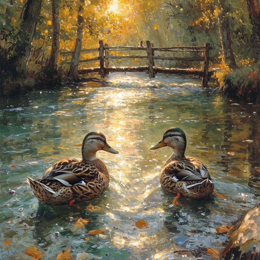 Ducks in love swimming under a wood bridge