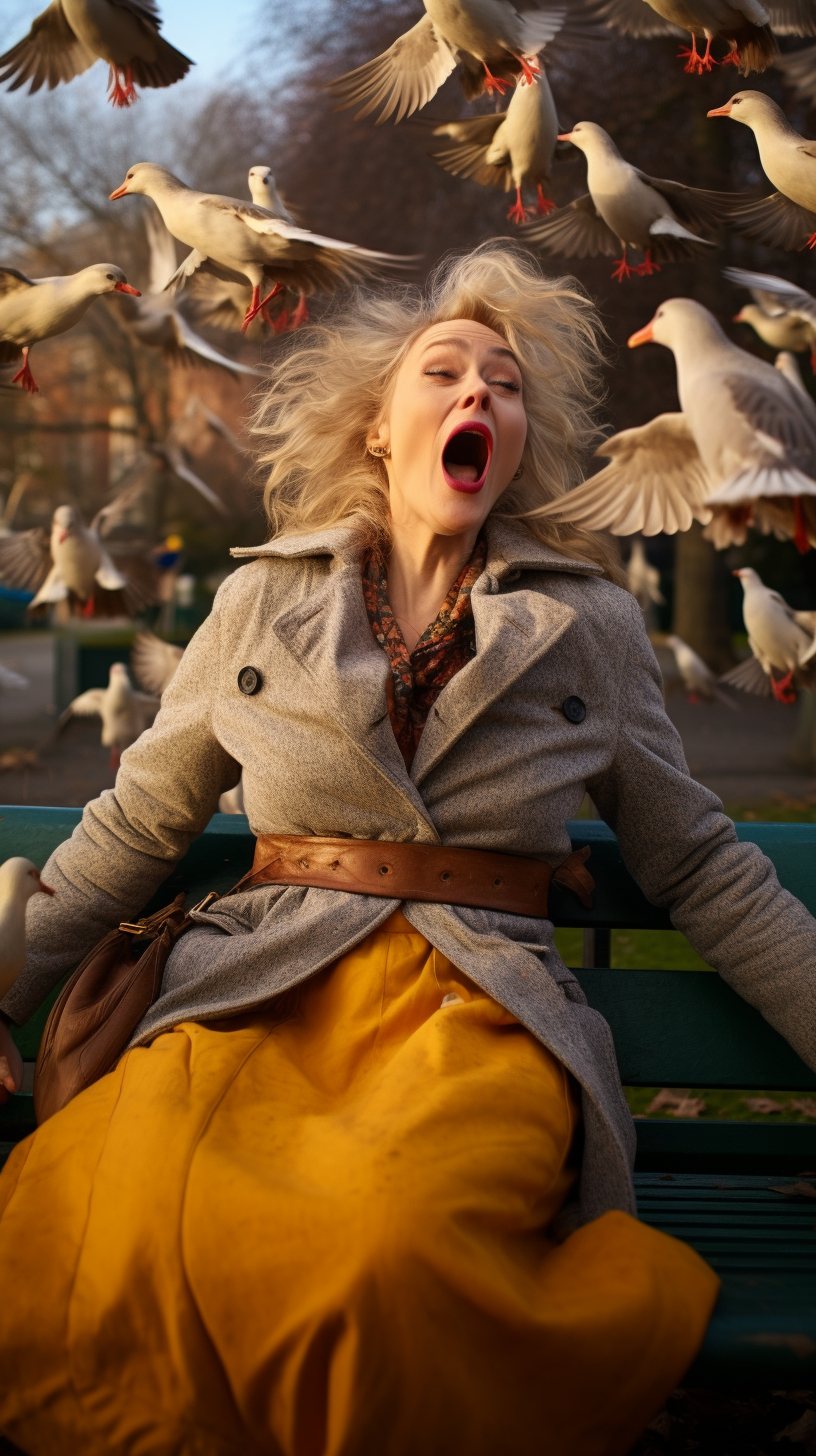 Ducks throwing bread at surprised homeless woman