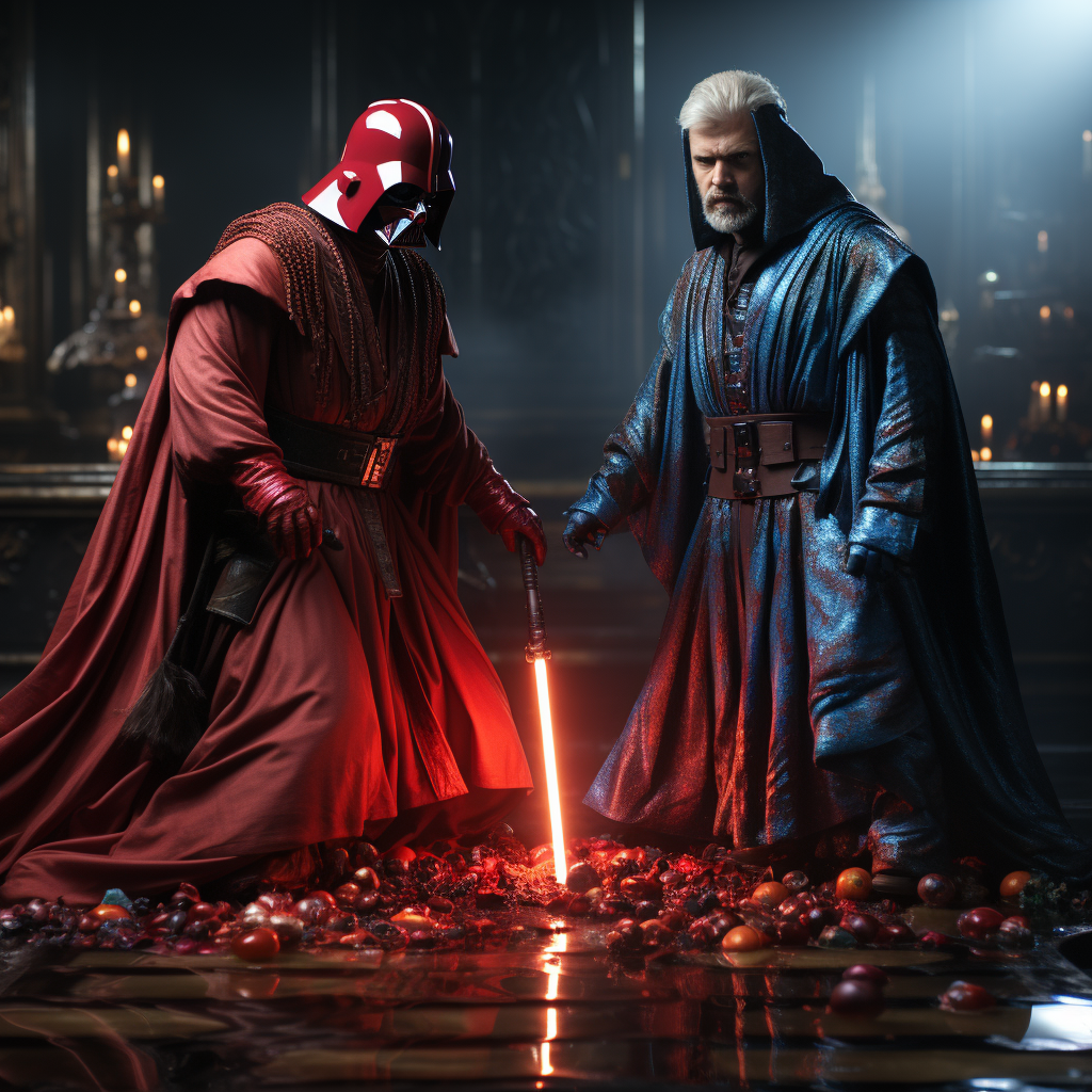 Darth Vader and Obi Wan Kenobi in lightsaber duel