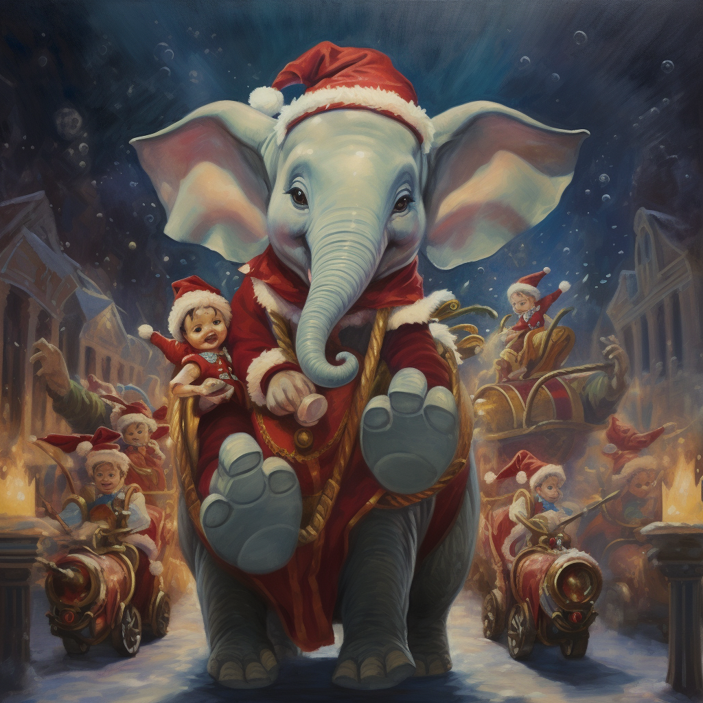 Dumbo dressed as Rudolph guiding Santa's sleigh ?