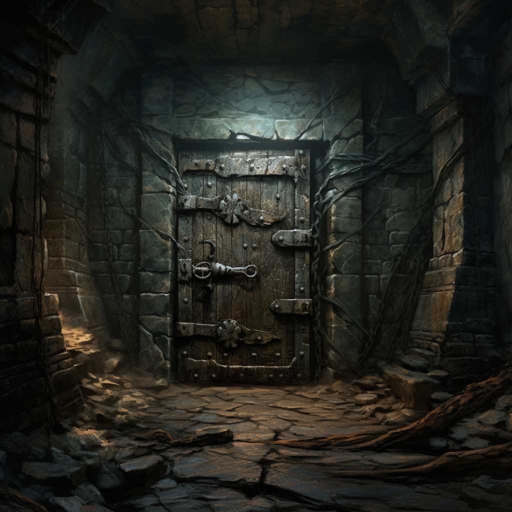 Dark Souls underground room with iron key and oak door