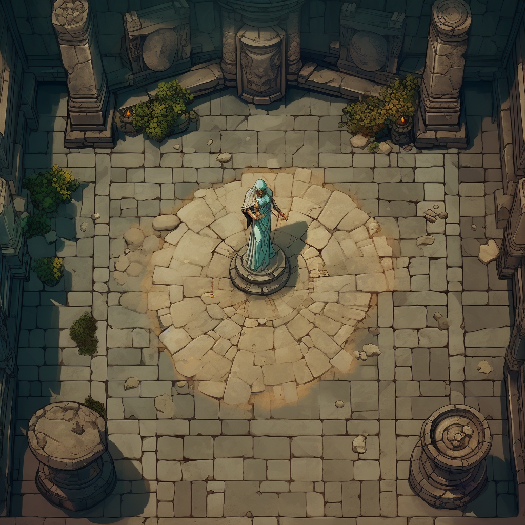 Top View of Dungeon Floor with Broken Statue