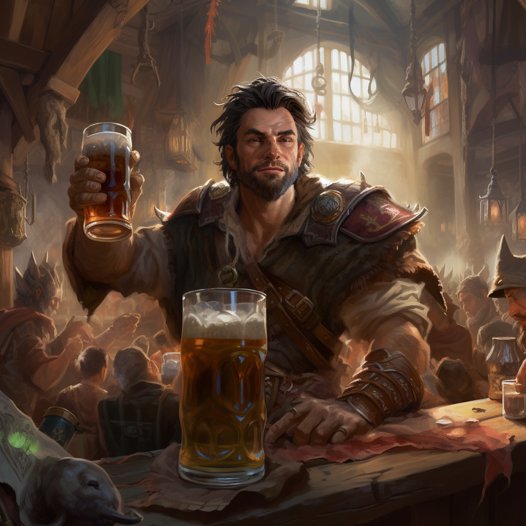 Male Fighter in Tavern Drinking Ale