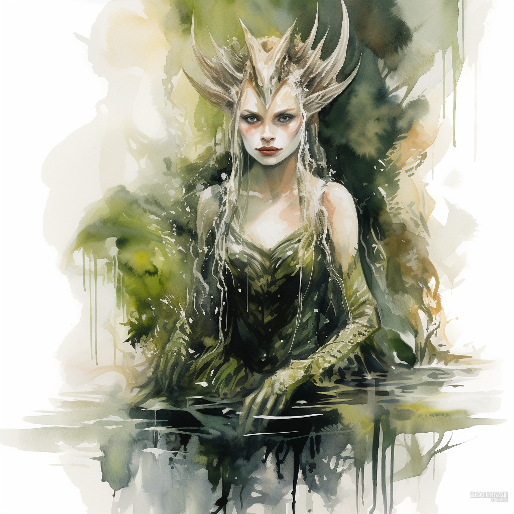 Dark Fantasy Watercolor of Fairy Queen in Swamp