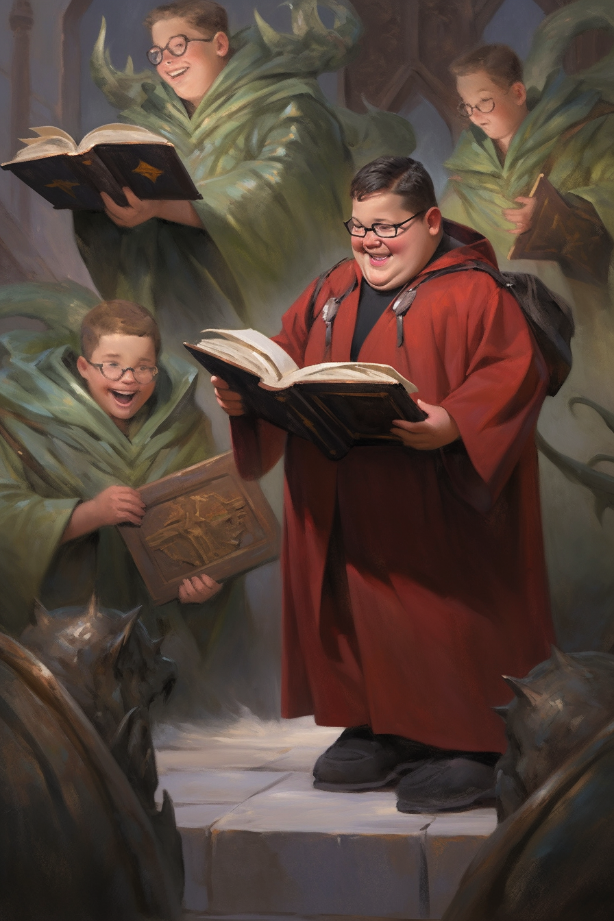 Close-up of laughing wizard reading books