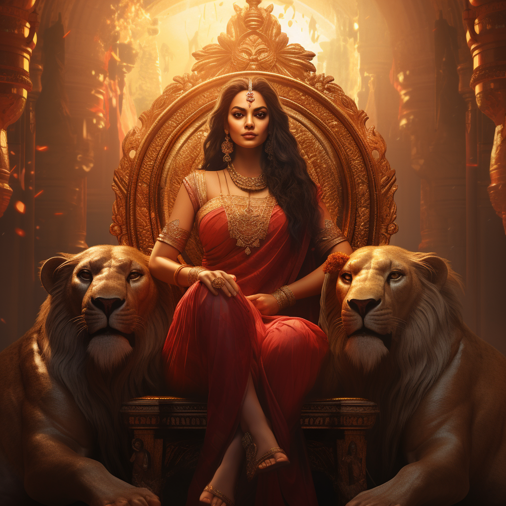 Realistic Durga Maa on Indian Throne with Lion