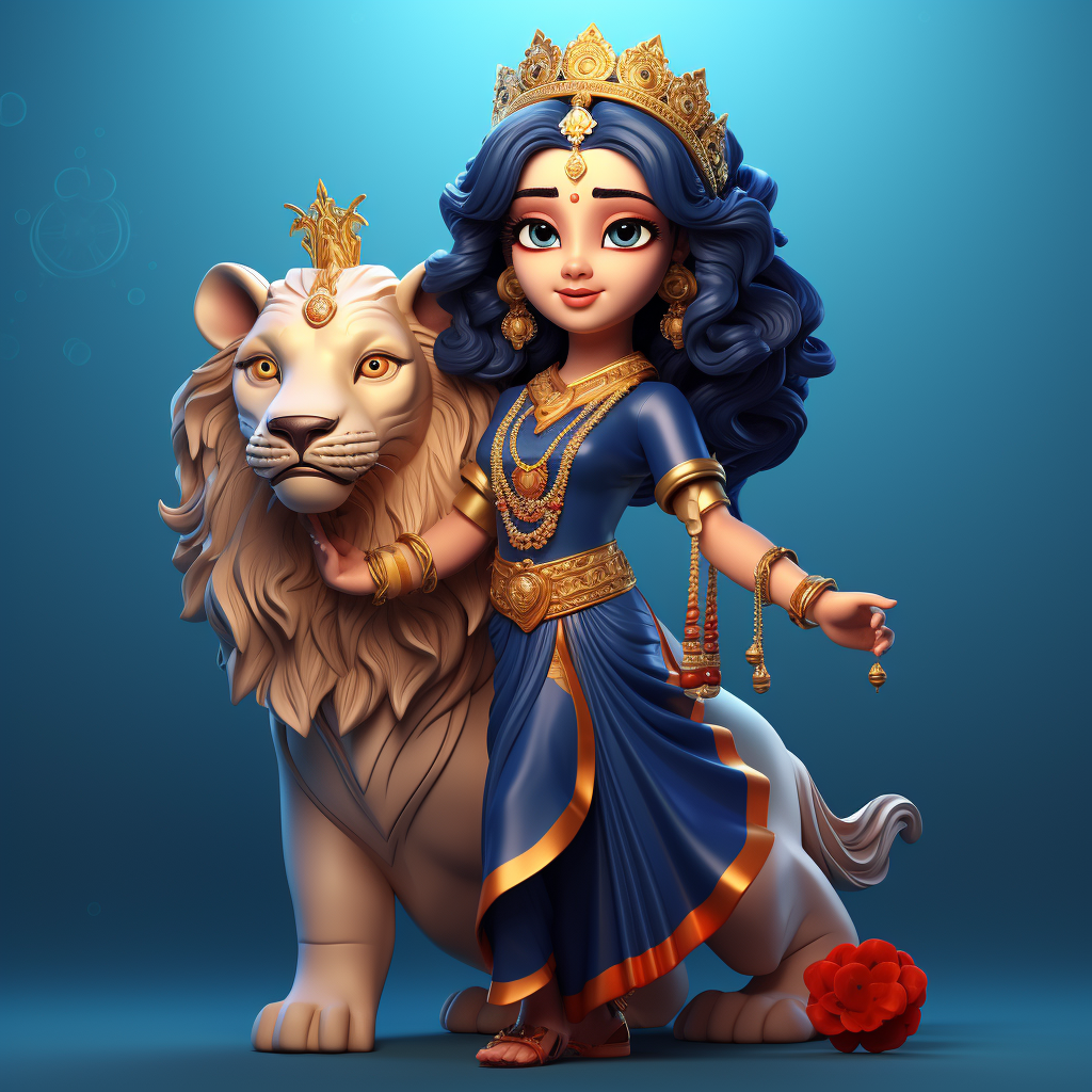 Gorgeous Lord Durga in Blue Saree with Lion