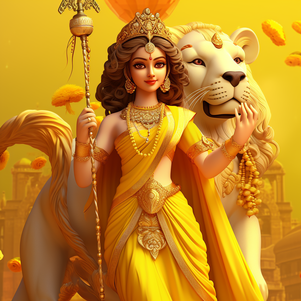 Pixar Style Lord Durga in Yellow Saree with Lion