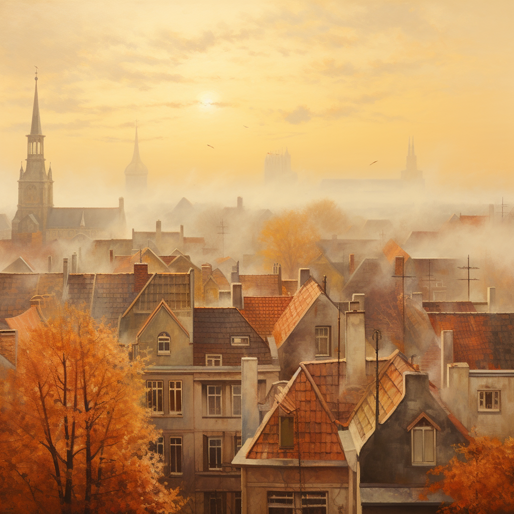 Roofs of Dusseldorf in Autumn Fog