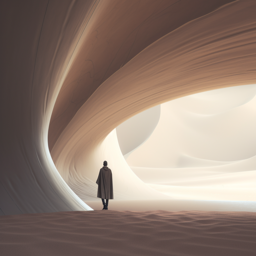 Minimal desert with futuristic architecture and person