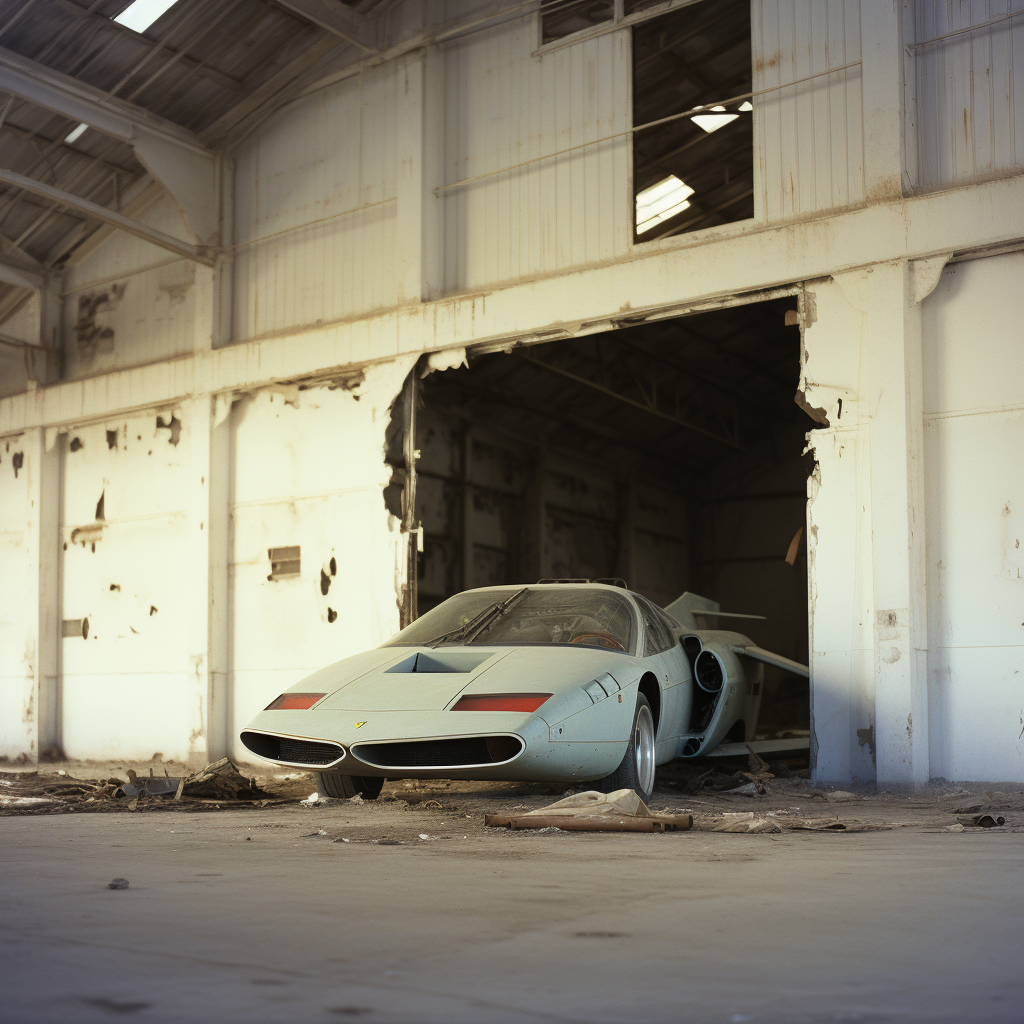 Abandoned airplane hanger with dusty Ferrari and private jet