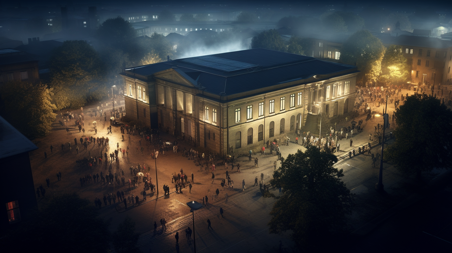 Aerial view of Dutch club Berghain at dawn with people queueing