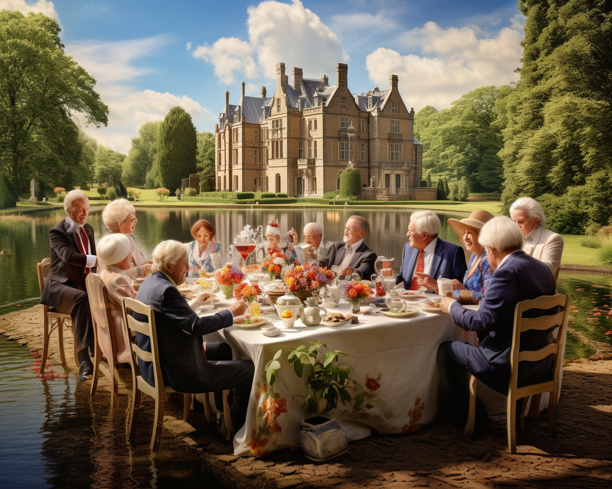 Retired seniors having high tea in castle gardens