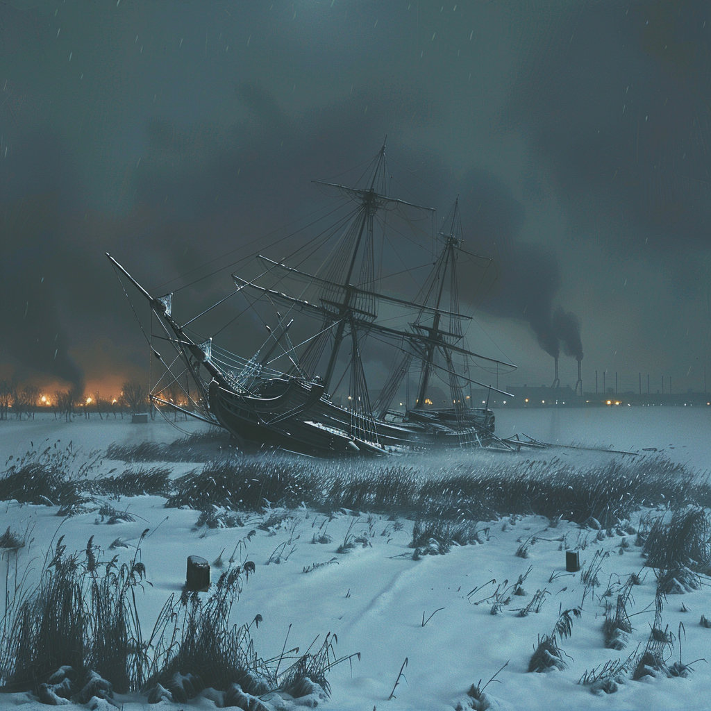 Dutch sailing ship in snow