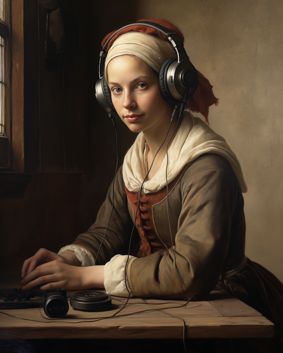 Fine art painting of Dutch woman with modern headphones