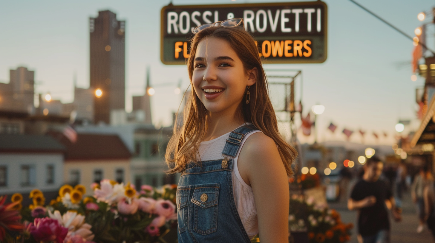 Dutch girl in overalls smiling at marquee sign