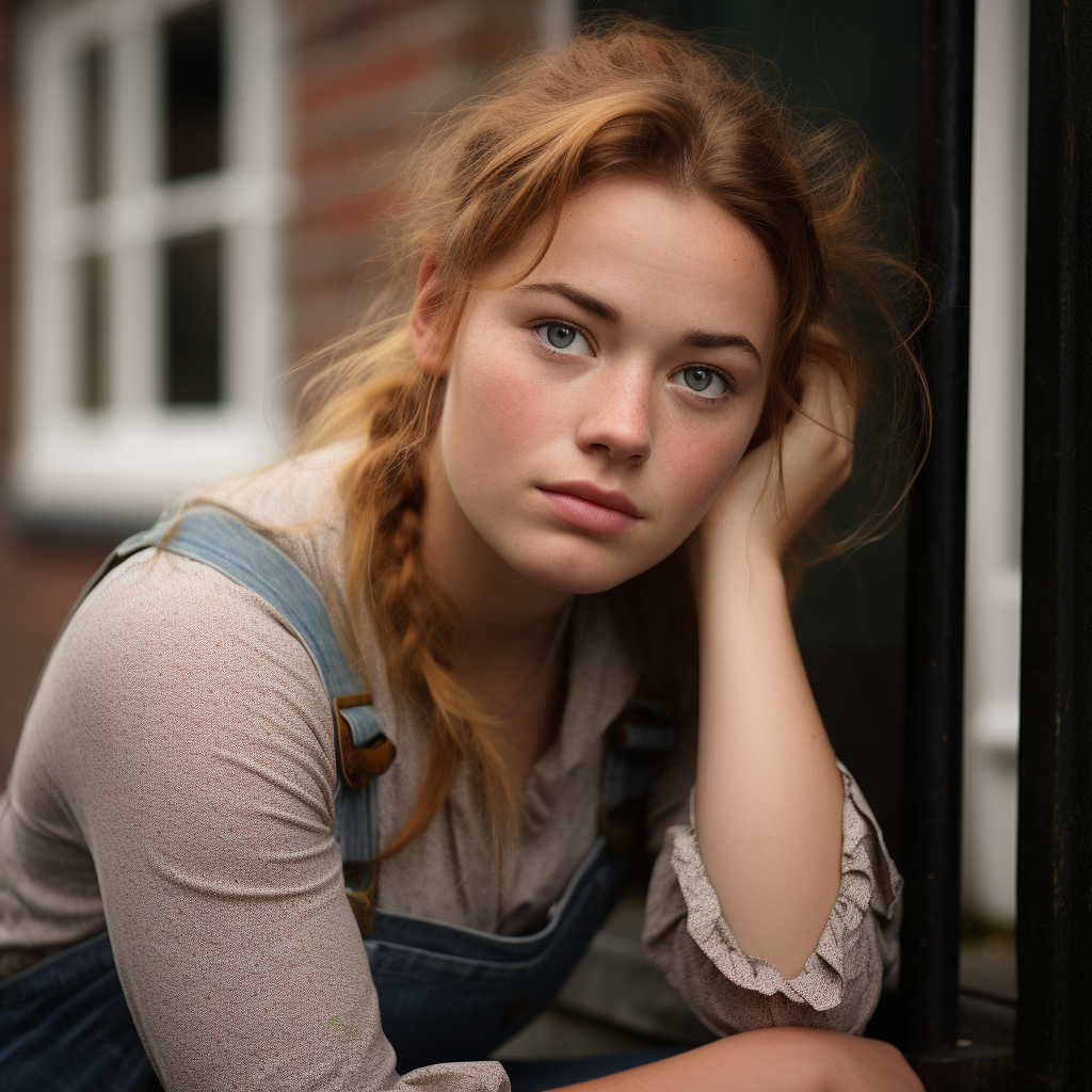 Portrait of overweight Dutch woman in dungarees