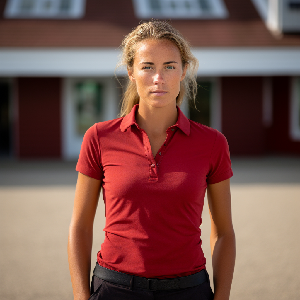 Dutch woman in red polo standing