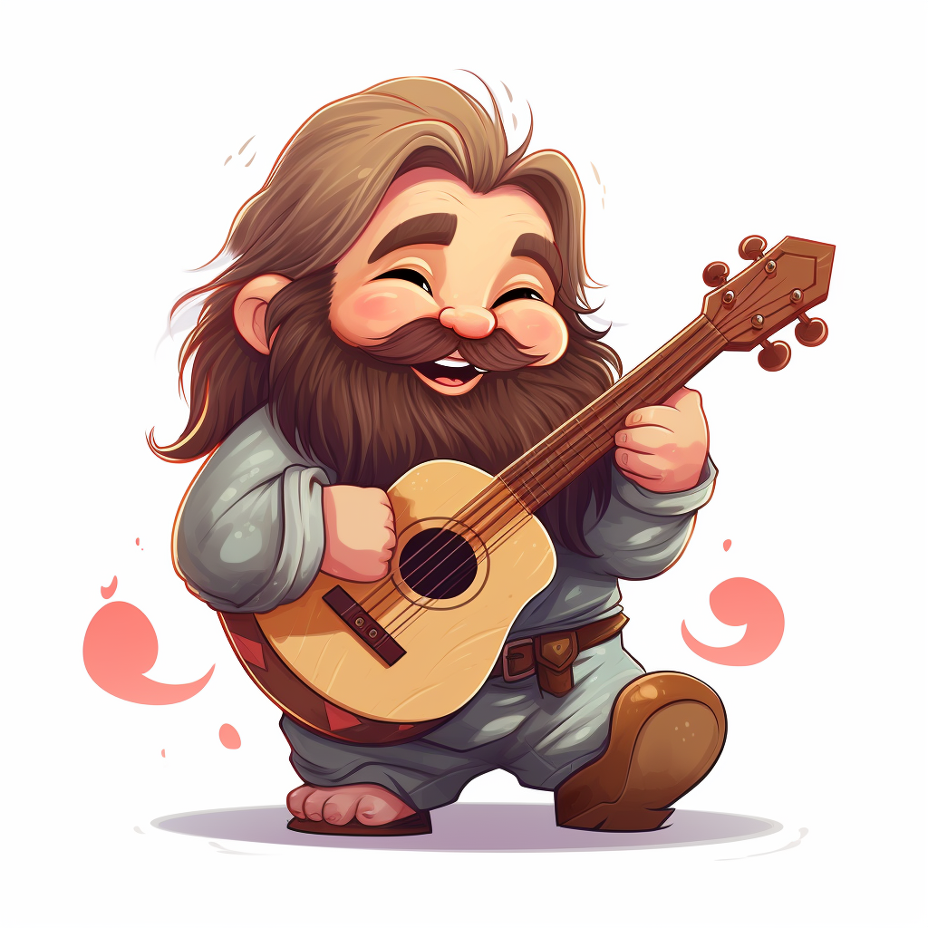 Cute dwarf bard playing guitar on a white background