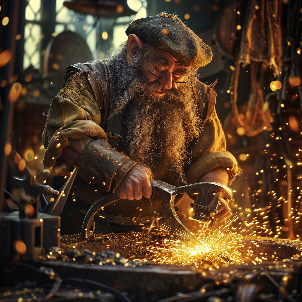 Dwarf blacksmith forging with sparks, fantasy atmosphere