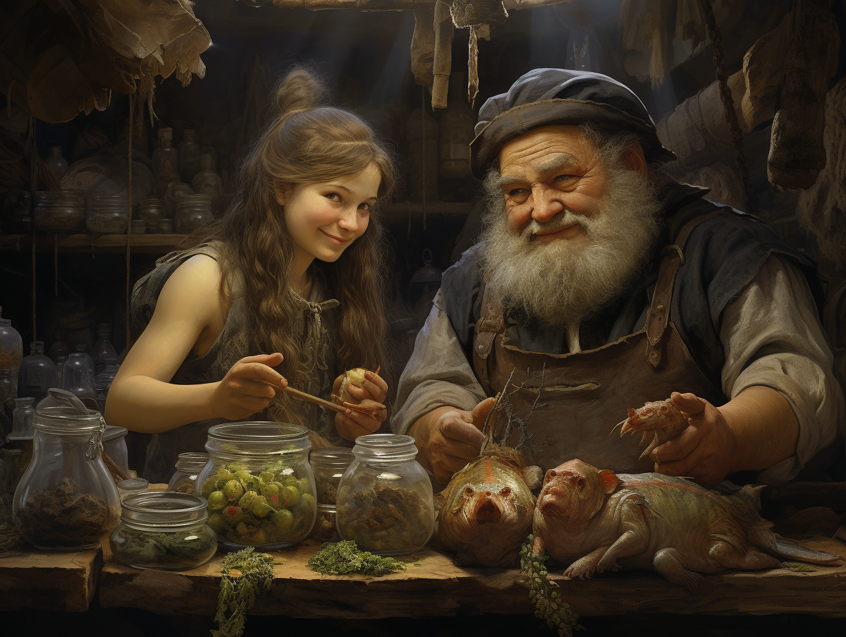 Dwarf couple selling magical goods at market portrait by Jean-Baptiste Monge