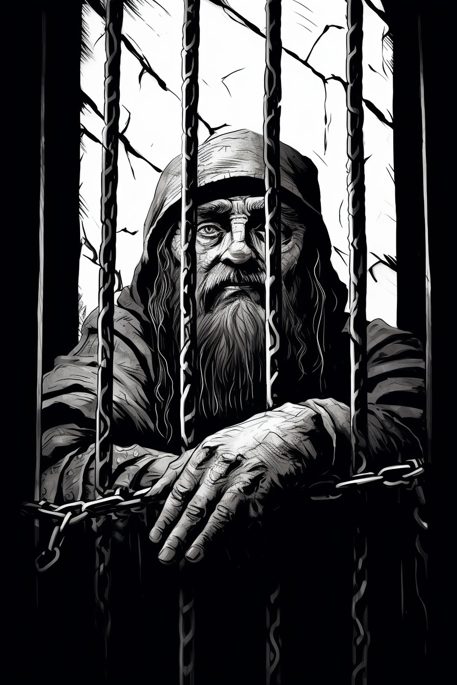 Dwarf prisoner behind metal bars