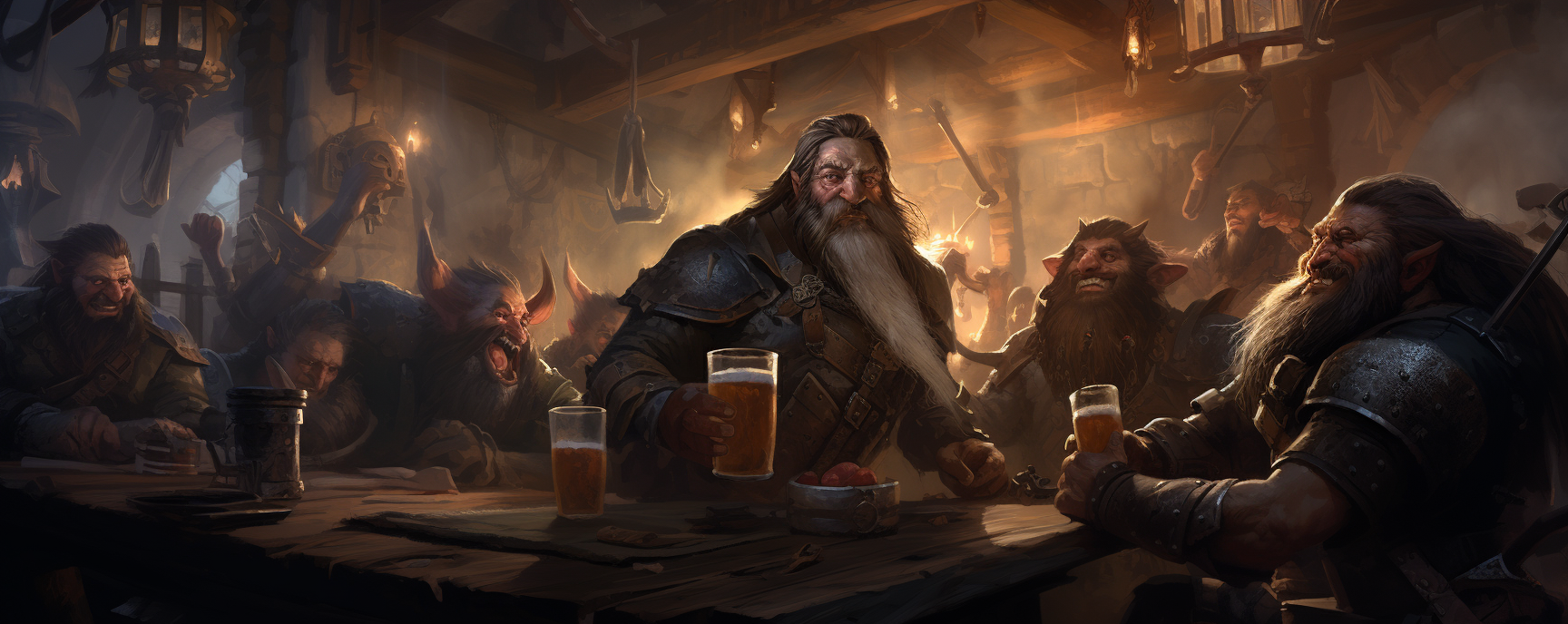 Dwarf warriors enjoying drinks at the tavern