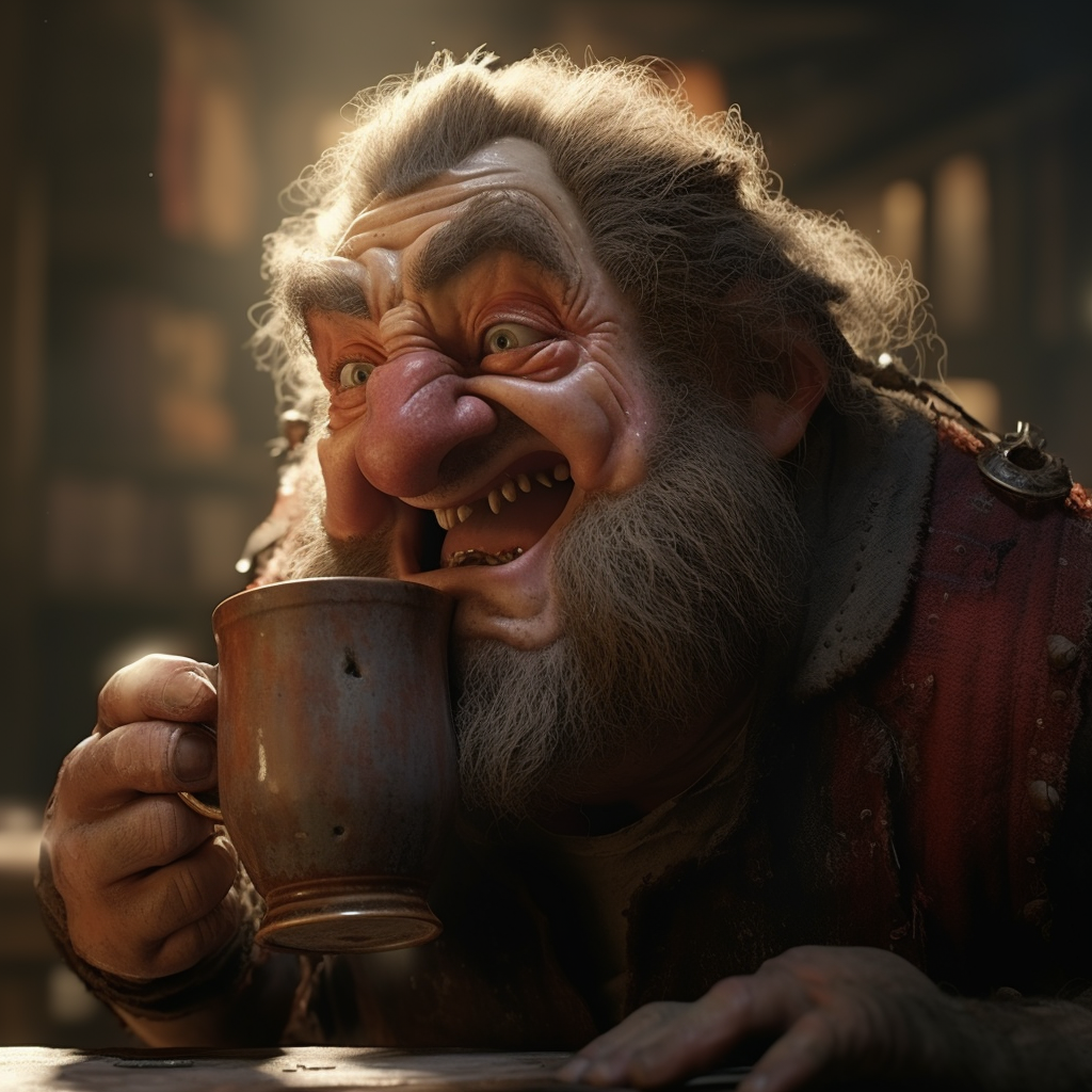 Close-up of dwarf's face being hit by a mug