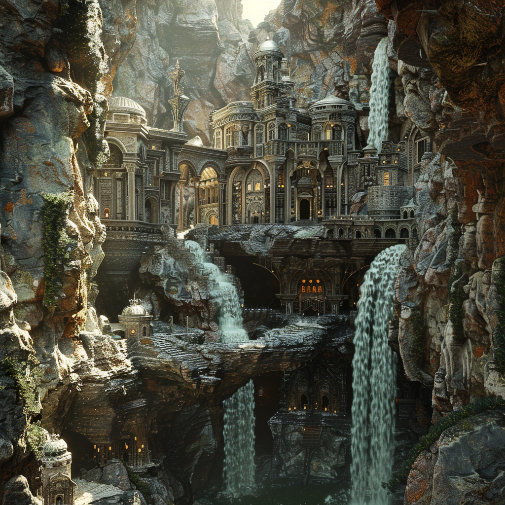 Dwarven city waterfall cave rocks