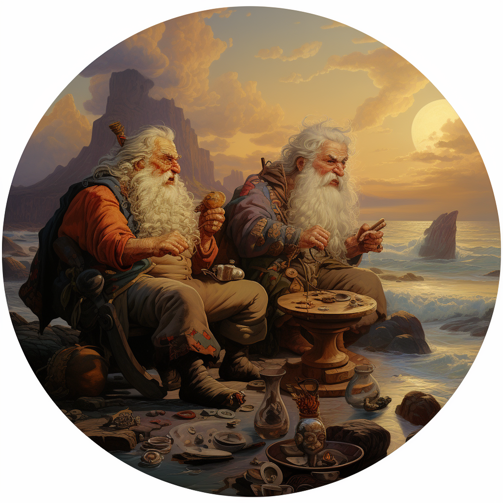 Dwarves playing pogs on a beach