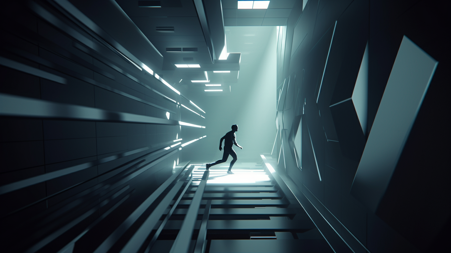 Character running through sleek environment