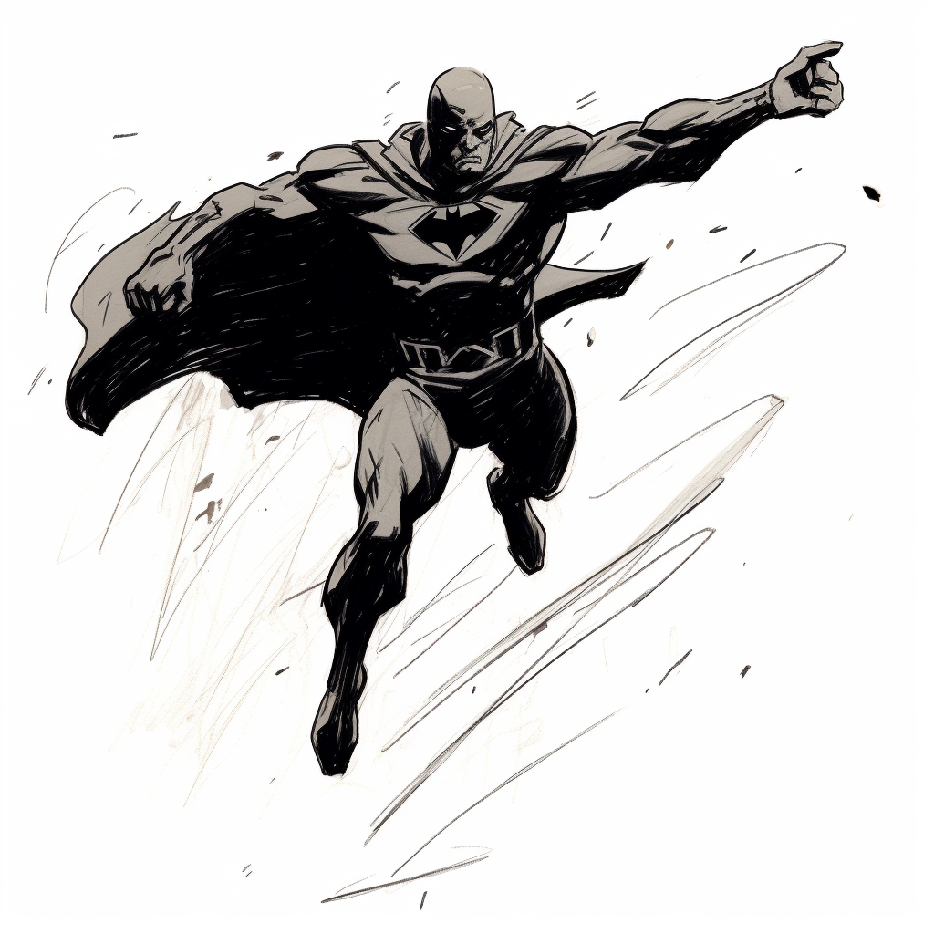 Dynamic hovering superhero sketch by Mike Mignola