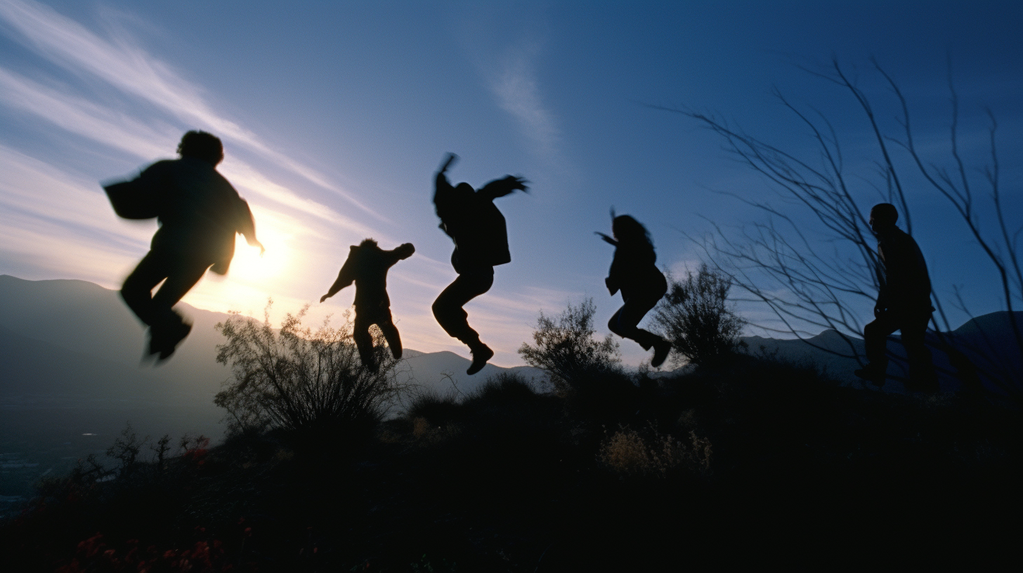 Teens dancing in twilight California hills