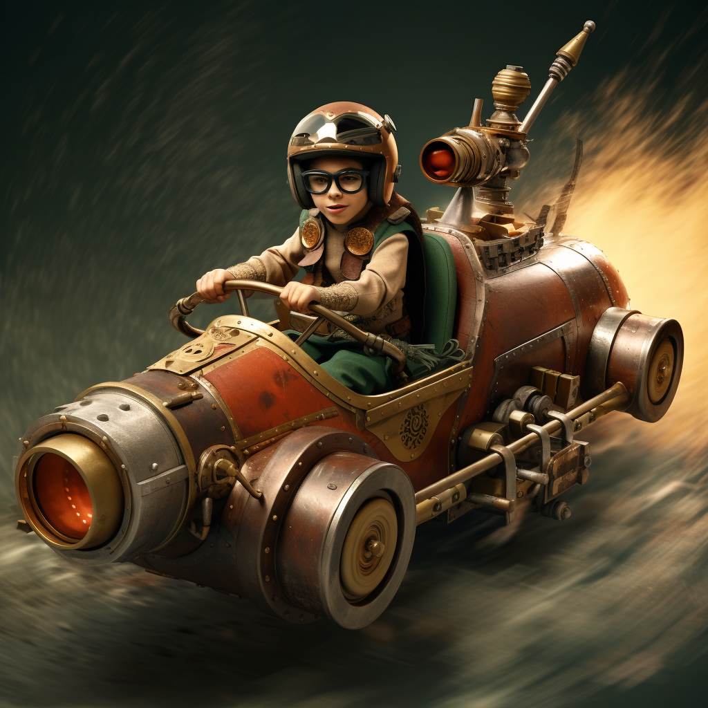 Child piloting dynamic steampunk podracer