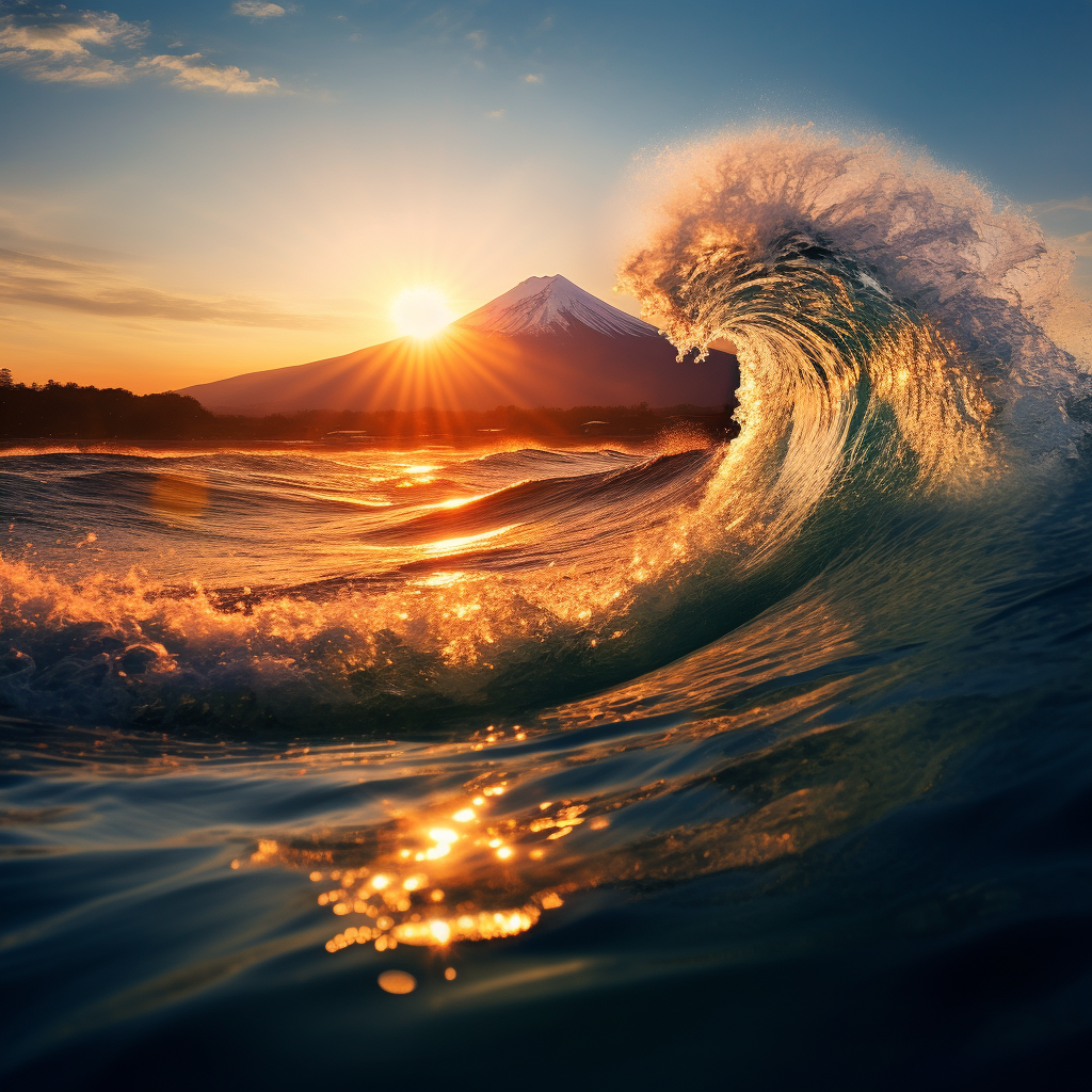 Beautiful sunset with dynamic waves and Mt. Fuji