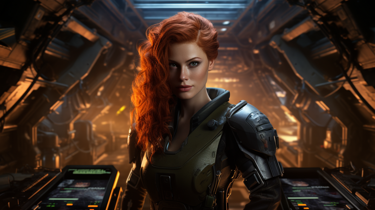 Red-haired female captain on spaceship bridge in dynamic lighting