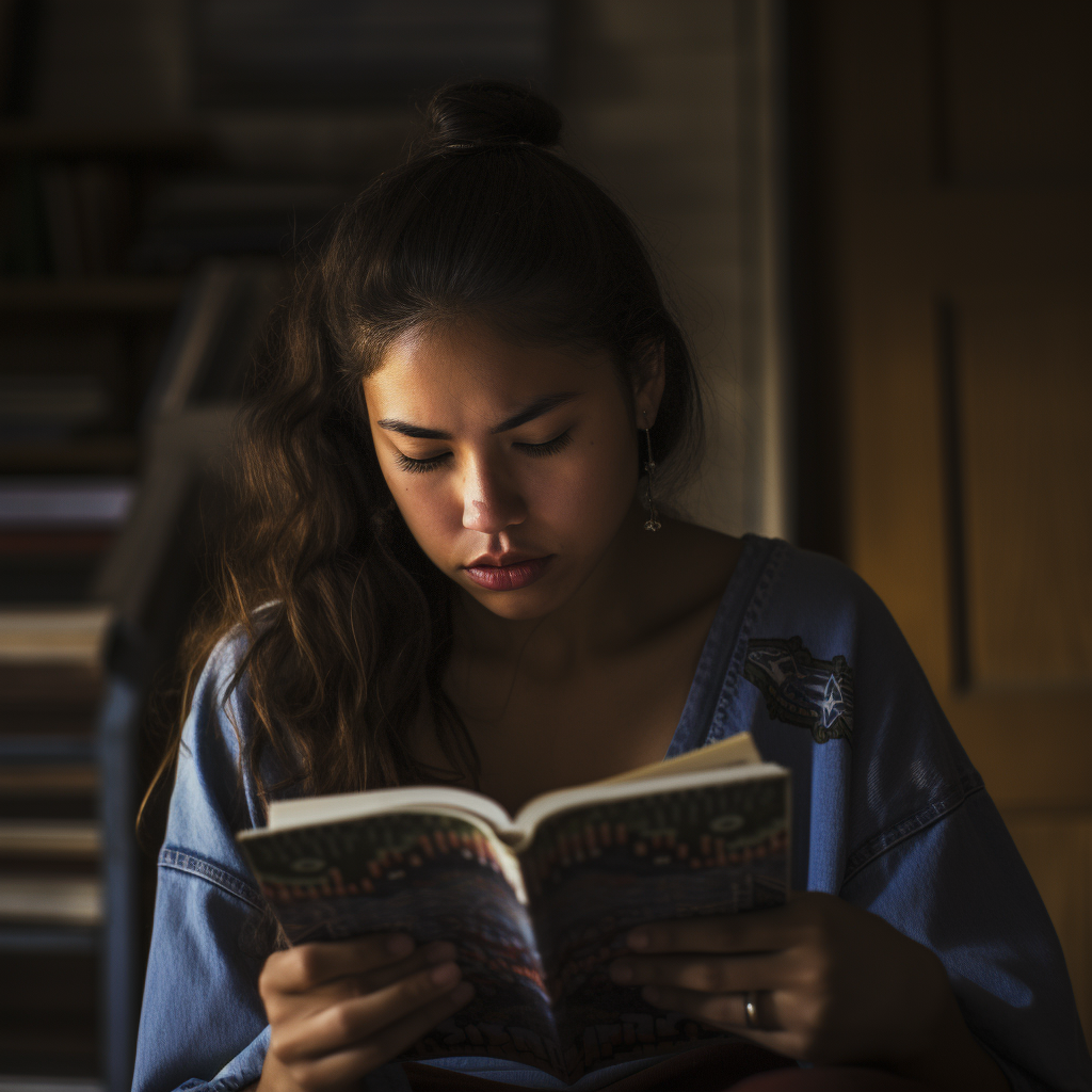 Empowered Latina teenager with dyslexia reading a book