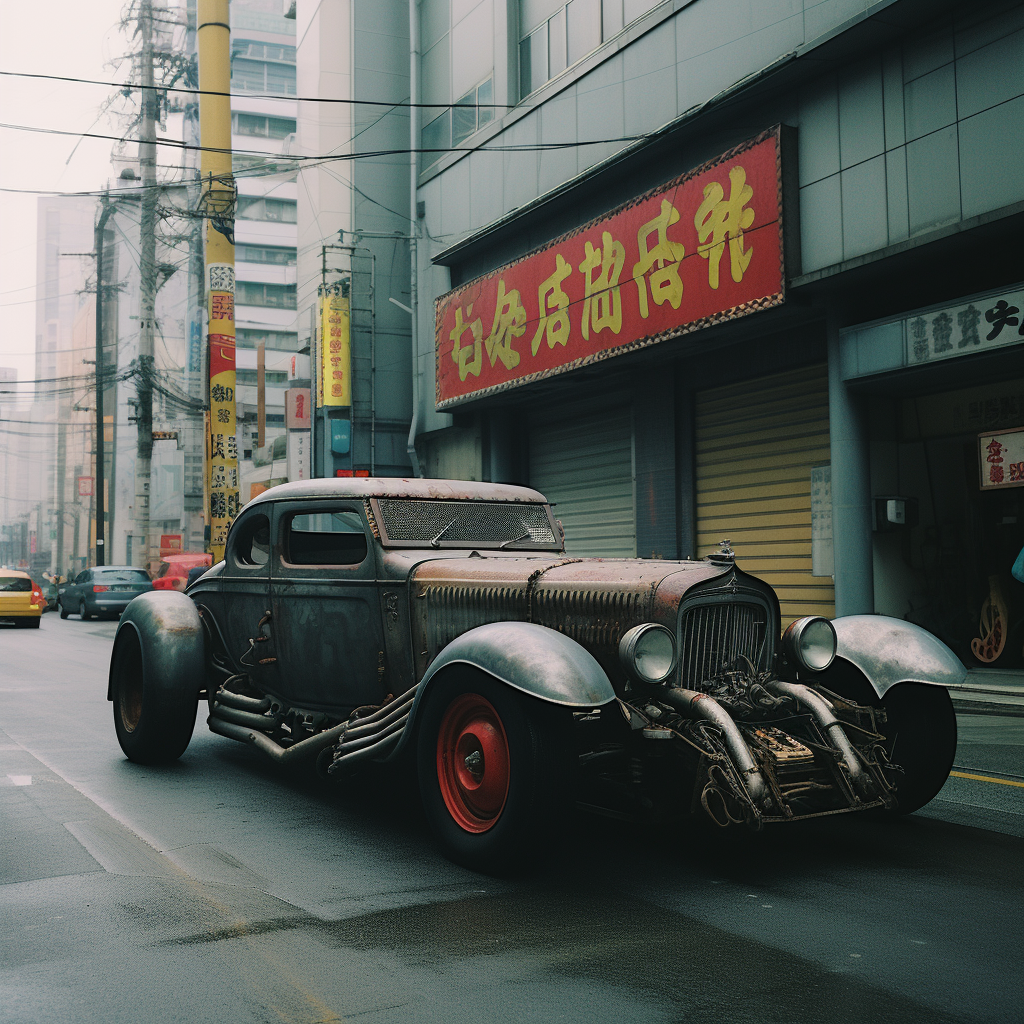 Dystopian 1930s Hotrod Parked Toyko Image