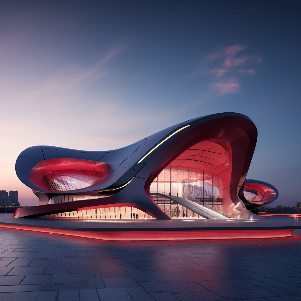 Dystopian public building with red lighting and solar panels