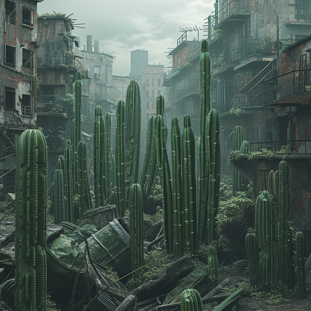 Dystopian urban landscape with overgrown cacti