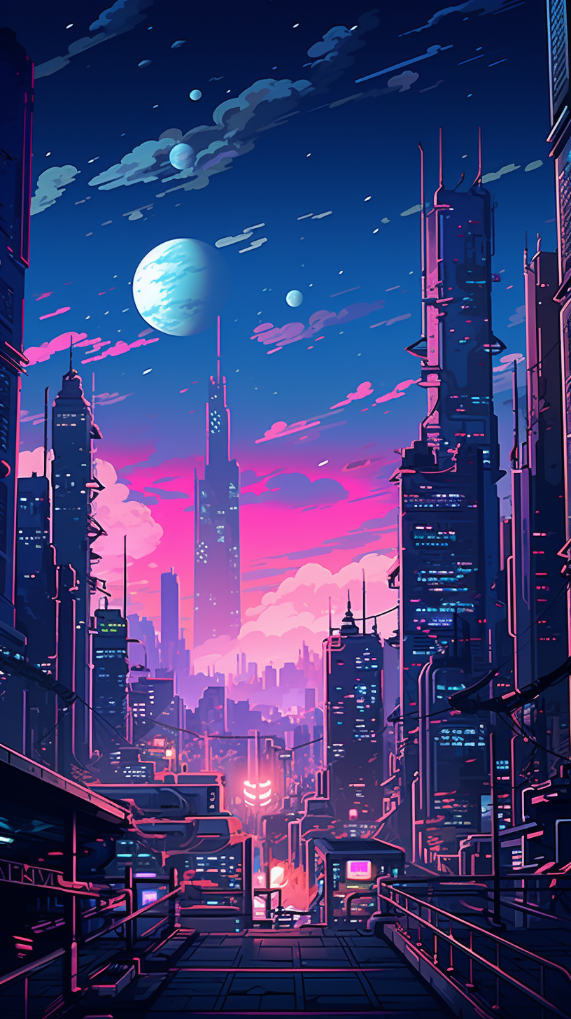 Dystopian cityscape with towering skyscrapers and neon lights