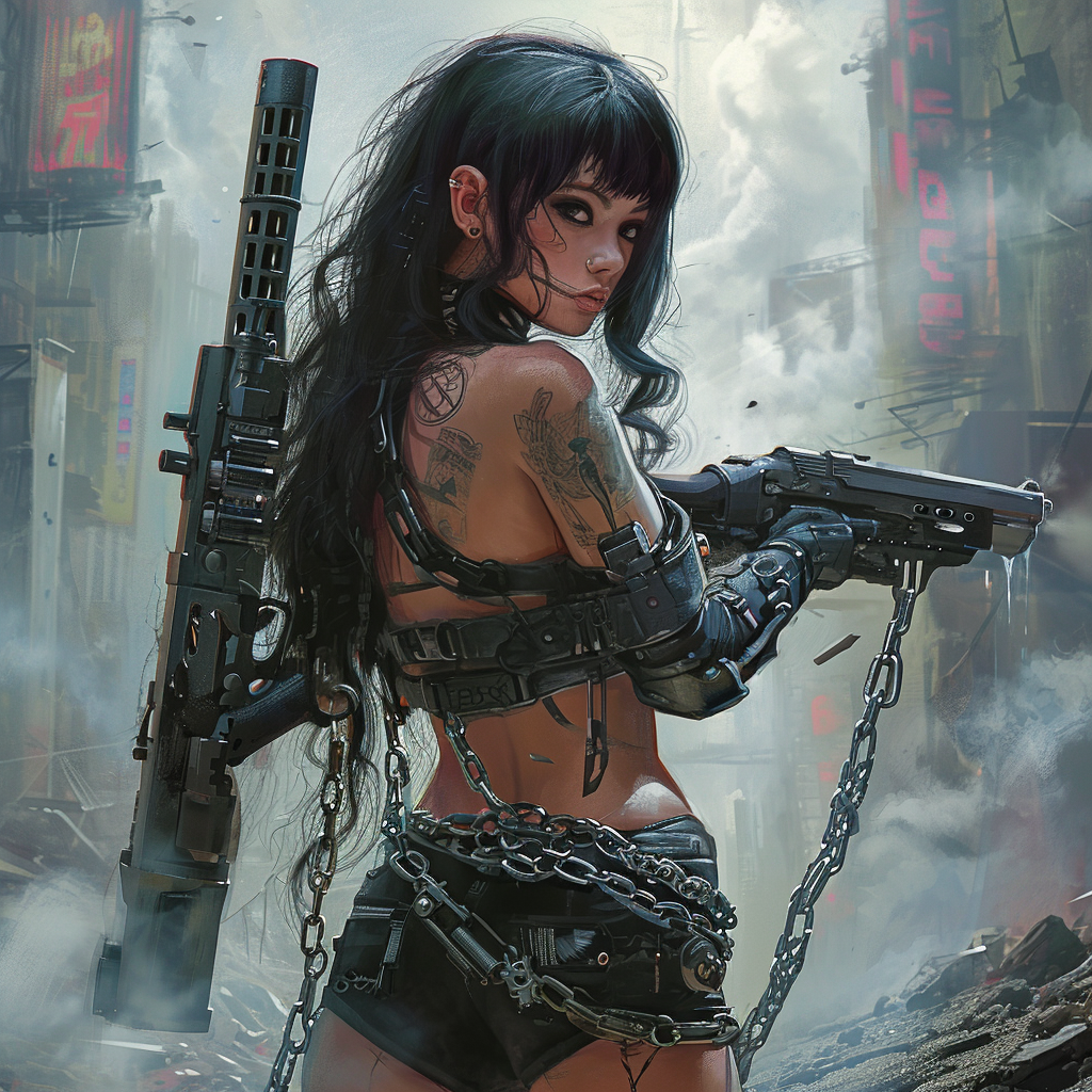 Dystopian girl with futuristic gun in destroyed city