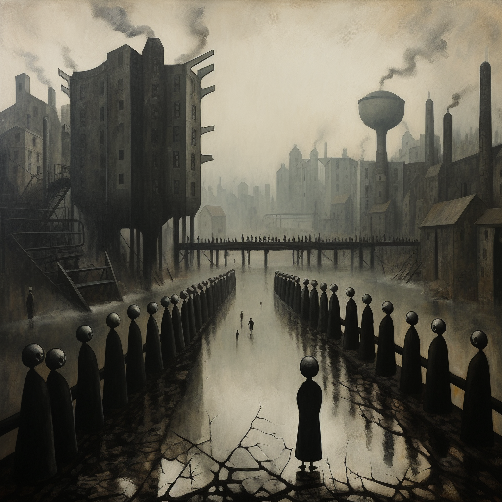 Dystopian paintings in Lowry style