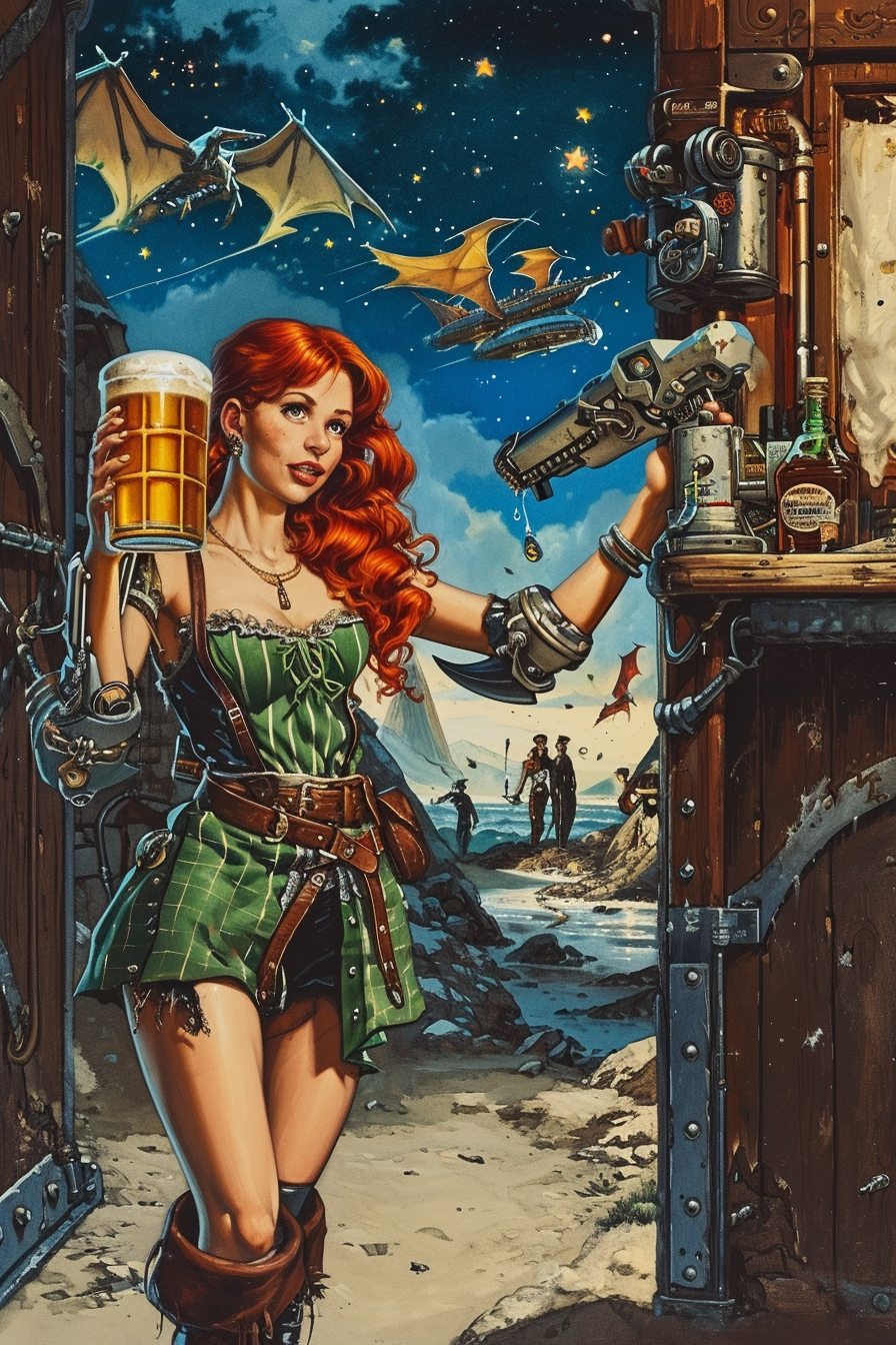 Dystopian Redhead Barmaid in Tavern Entrance