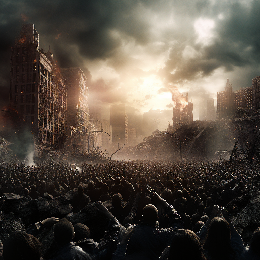 Image portraying dystopian society collapse and panic